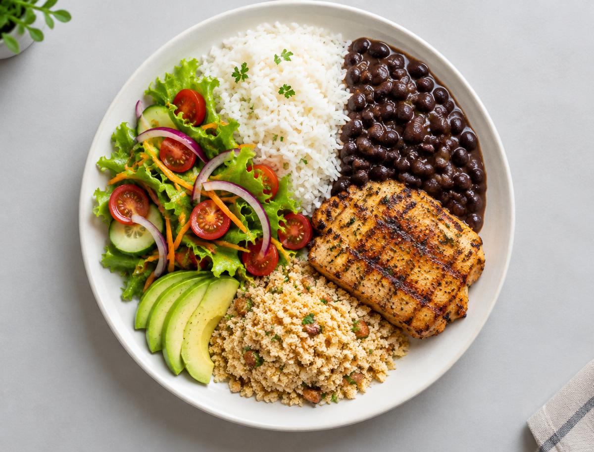 Prato brasileiro com arroz, feijão, frango e salada